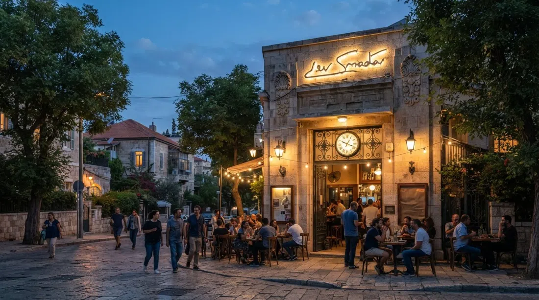Cine Lev Smadar en la calle Lloyd George al atardecer, su modesta fachada iluminada suavemente sobre la entrada del café-bar, con los árboles y casas de piedra de Emek Refaim cerca