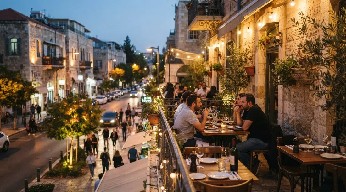 Balcones del Bistró y Bar Pompidou sobre Emek Refaim al atardecer, con mesas que dominan la calle arbolada y luz cálida sobre los edificios de piedra