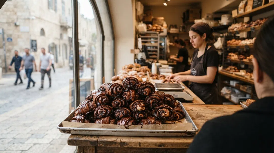 una bandeja de rugelach de chocolate poco horneados en Marzipan en la calle Rachel Imenu, espirales brillantes apilados en una vitrina de panadería junto a la ventana