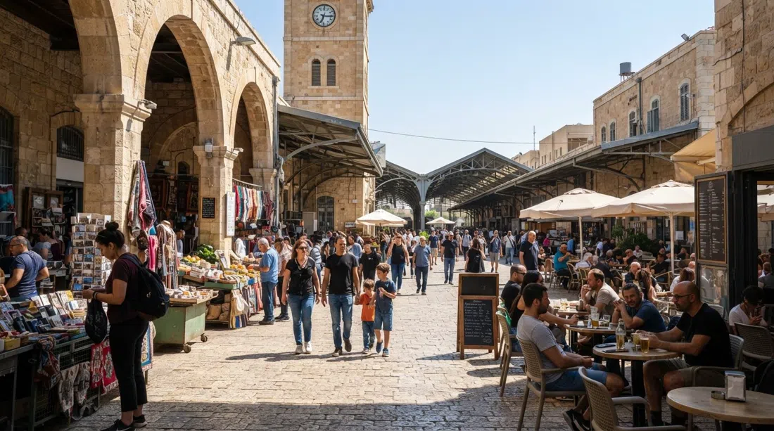 el complejo de la Primera Estación en una tarde soleada, peatones bajo los arcos del antiguo ferrocarril con puestos de mercado y mesas de café extendidas por la plaza abierta