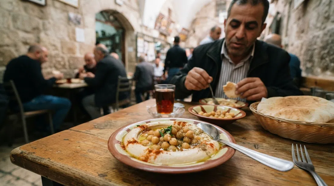 un plato de hummus de garbanzos enteros en Abu Shukri en la Ciudad Vieja, hummus cremoso con garbanzos enteros y una vista de mesa cálida y en primer plano