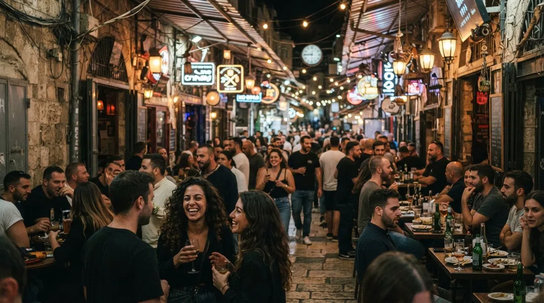 Mercado Mahane Yehuda de noche, callejones cubiertos brillando con luces de bar y gente moviéndose entre restaurantes nocturnos después del cierre de los puestos