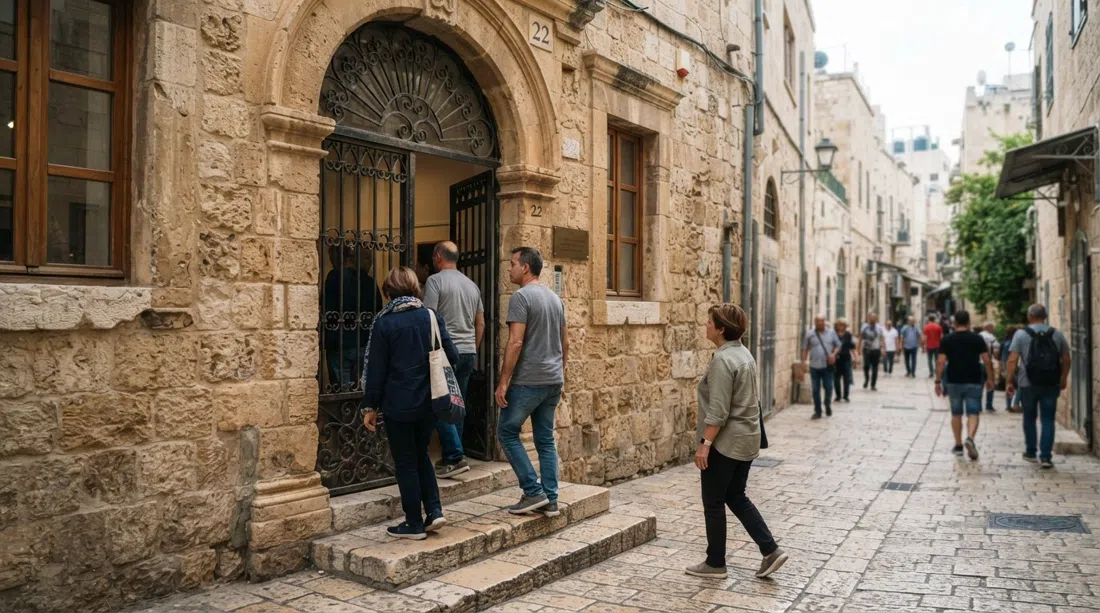 la entrada de la Galería de Arte Musrara en el 22 de la calle Shivtei Israel, una fachada de piedra conservada con visitantes llegando para una exposición diurna