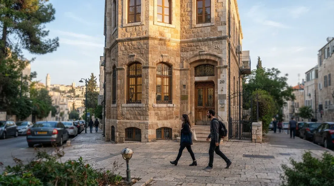 el edificio de piedra conservado de la Escuela de Televisión, Cine y Artes Ma'aleh en el 20 de la calle Shivtei Israel, visto desde la acera con luz suave de la mañana