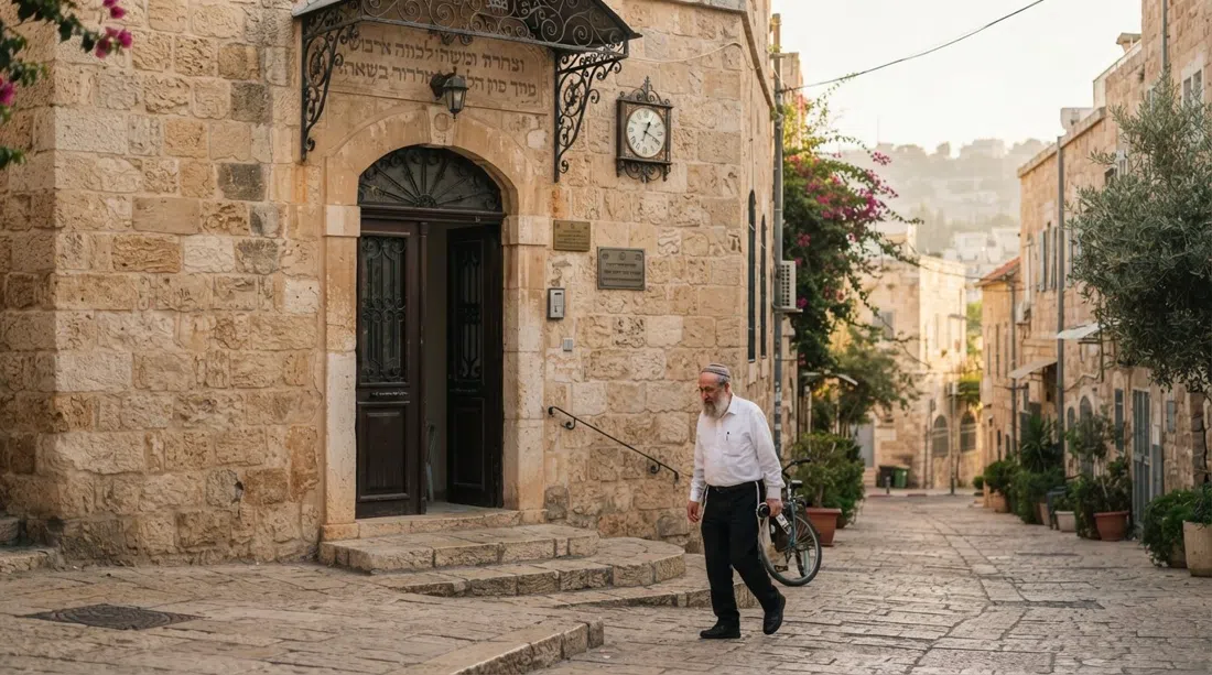 la Sinagoga Ades en la calle Beer Sheva en Nachlaot, una fachada de piedra modesta y una entrada en la suave luz matutina