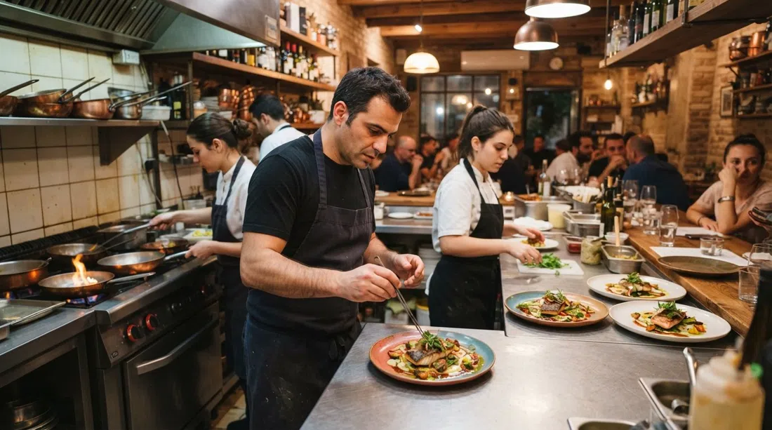 el comedor de cocina abierta en Machneyuda, chefs trabajando detrás del paso mientras los platos se mueven bajo la cálida luz del atardecer