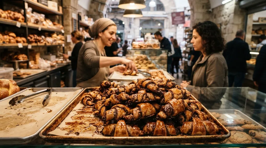 cálidos rugelach de chocolate en Marzipan Bakery del lado de Agripas en Mahane Yehuda, pasteles apilados brillando del horno