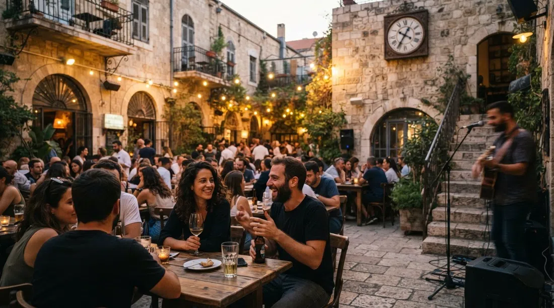 el patio de asientos en Casino de Paris en un antiguo salón del Mandato Británico, bebidas cálidas al atardecer y ambiente de música en vivo
