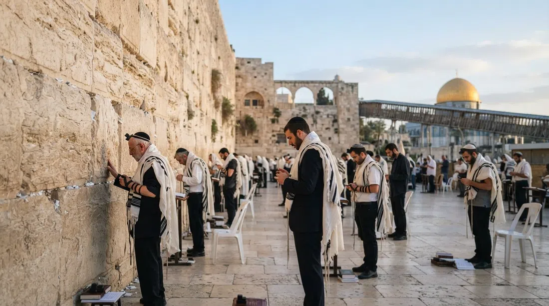la plaza del Muro de las Lamentaciones al amanecer, fieles frente a los bloques de piedra caliza bajo un cielo despejado de Jerusalén