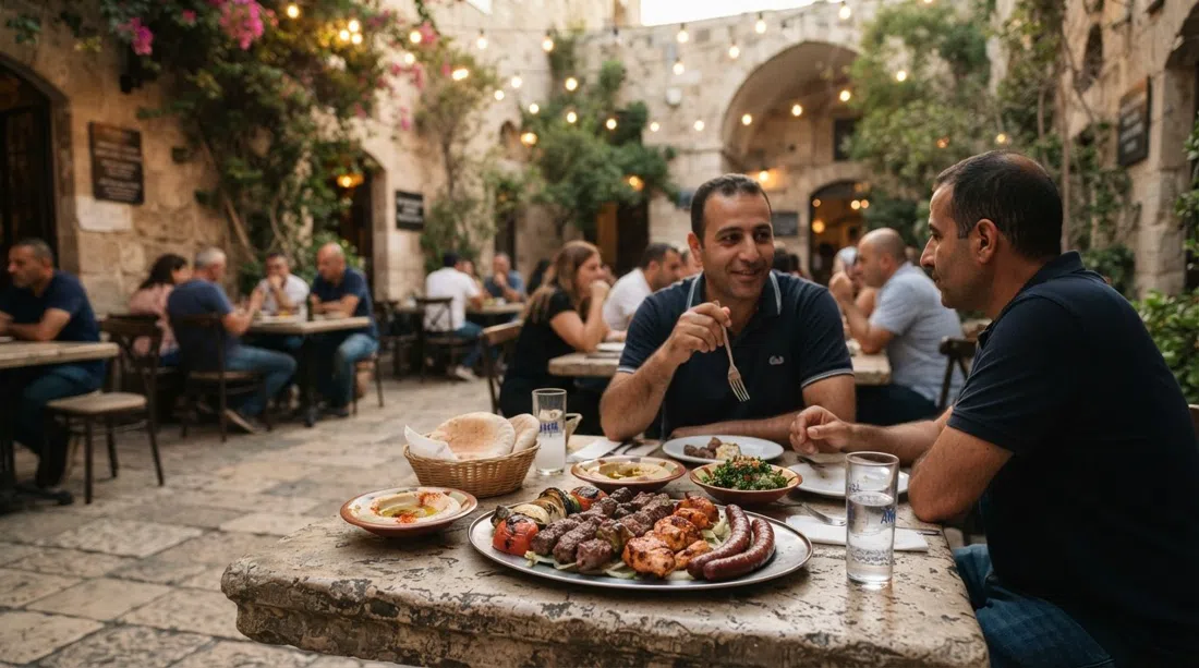 el patio ajardinado de Nafoura justo dentro de la Puerta de Jaffa, luz de atardecer sobre mesas de piedra y un plato de parrillada mixta