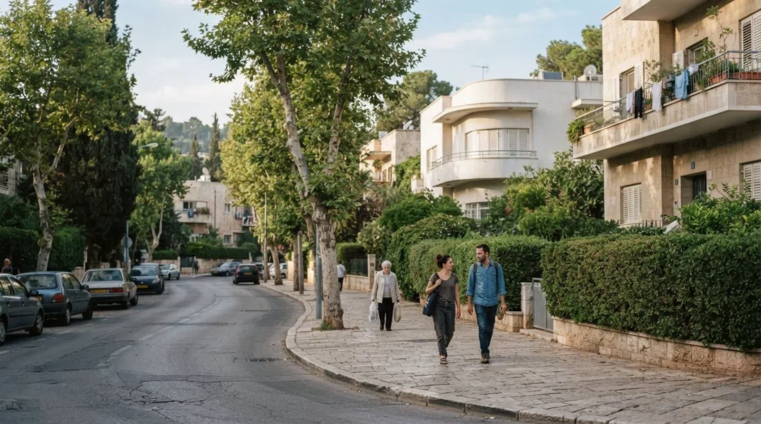 Calle frondosa de Rehavia con acera curva, bloques Bauhaus y setos recortados en la suave luz matutina