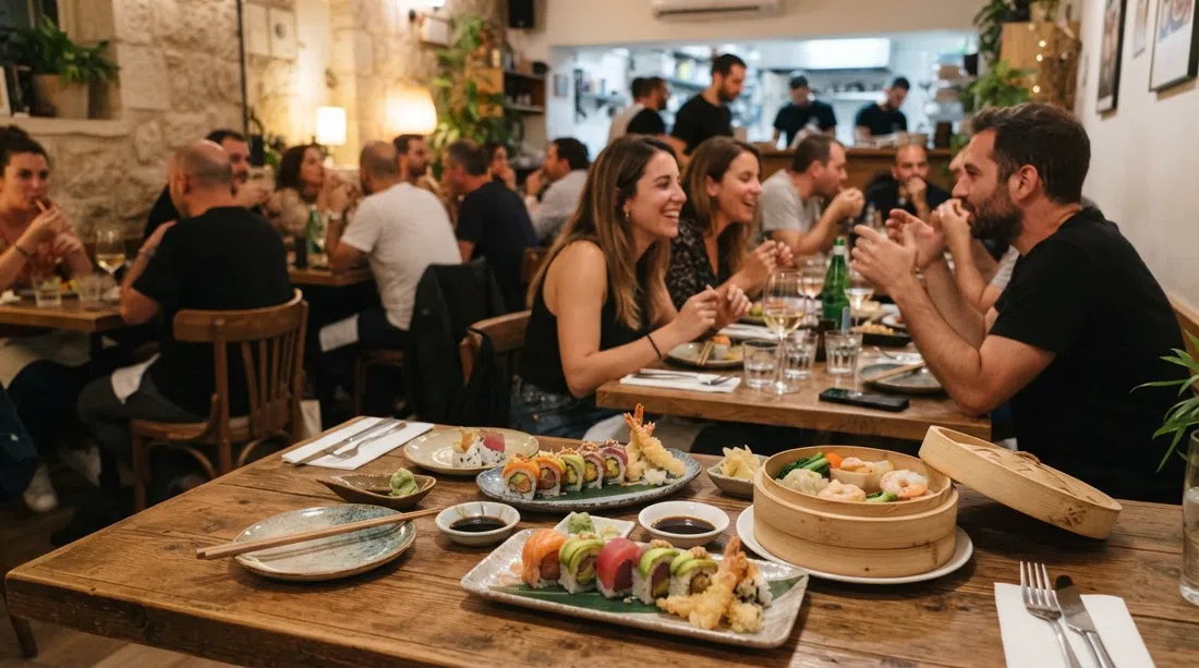 Rollos de sushi y platos de dim sum en Sushi Rehavia, el comedor animado en el 31 de la calle Gaza con bullicio vespertino