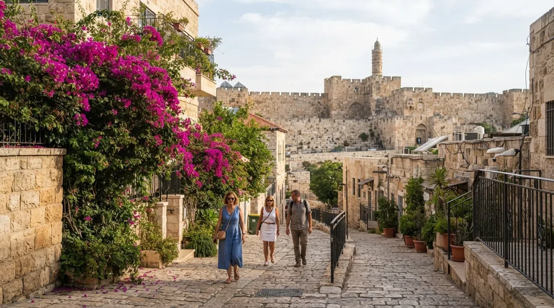 buganvillas derramándose sobre una terraza de piedra restaurada en Yemin Moshe, con adoquines estrechos sin tráfico y las murallas de la Ciudad Vieja al fondo