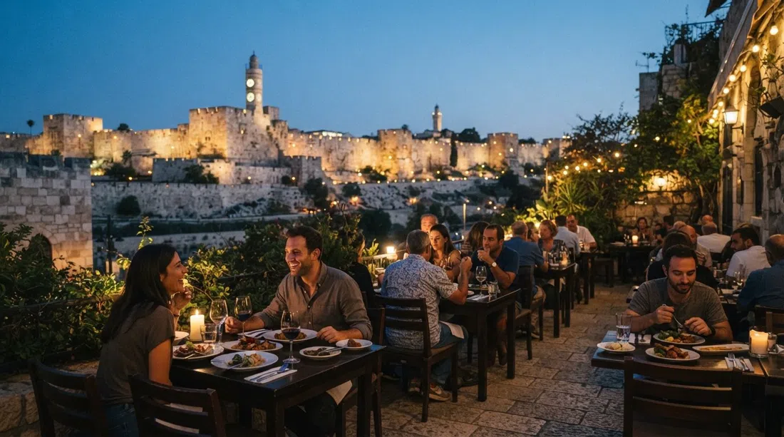 la terraza de Touro en la calle Nachon, preparada para cenar con la Torre de David y las murallas iluminadas de la Ciudad Vieja al otro lado del valle
