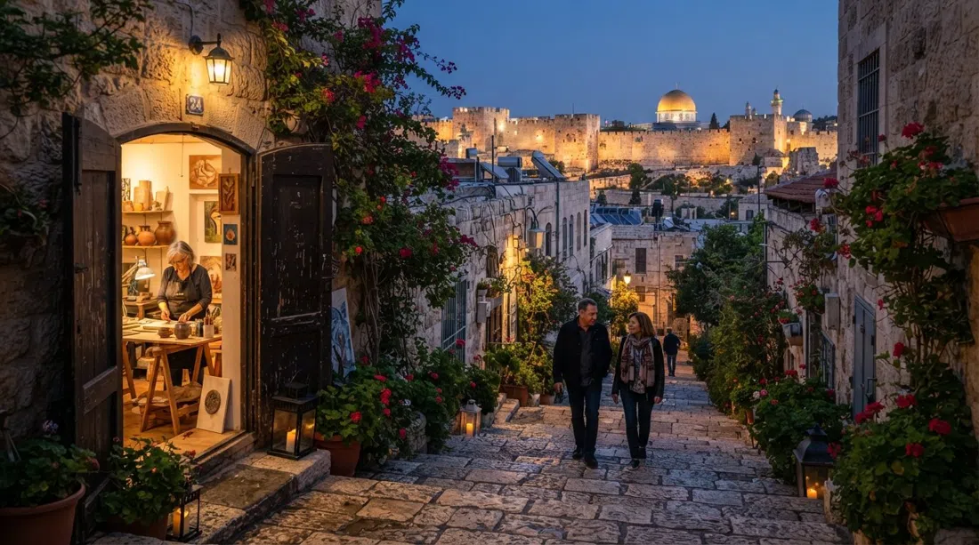 un callejón escalonado en Yemin Moshe al atardecer, con las puertas del estudio de un artista abiertas al callejón y las murallas de la Ciudad Vieja brillando al fondo