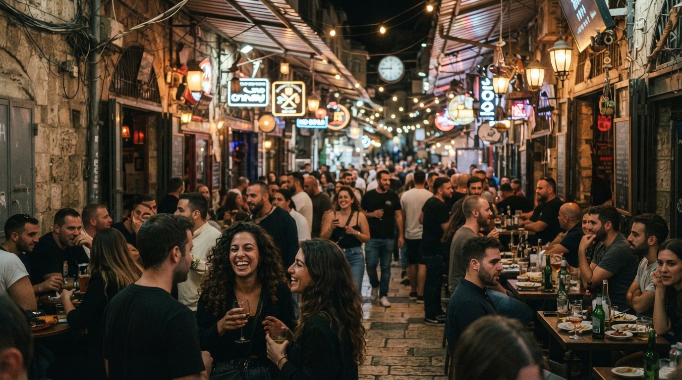 Mahane Yehuda Market at night, covered alleys glowing with bar lights and people moving between late-night eateries after the stalls close