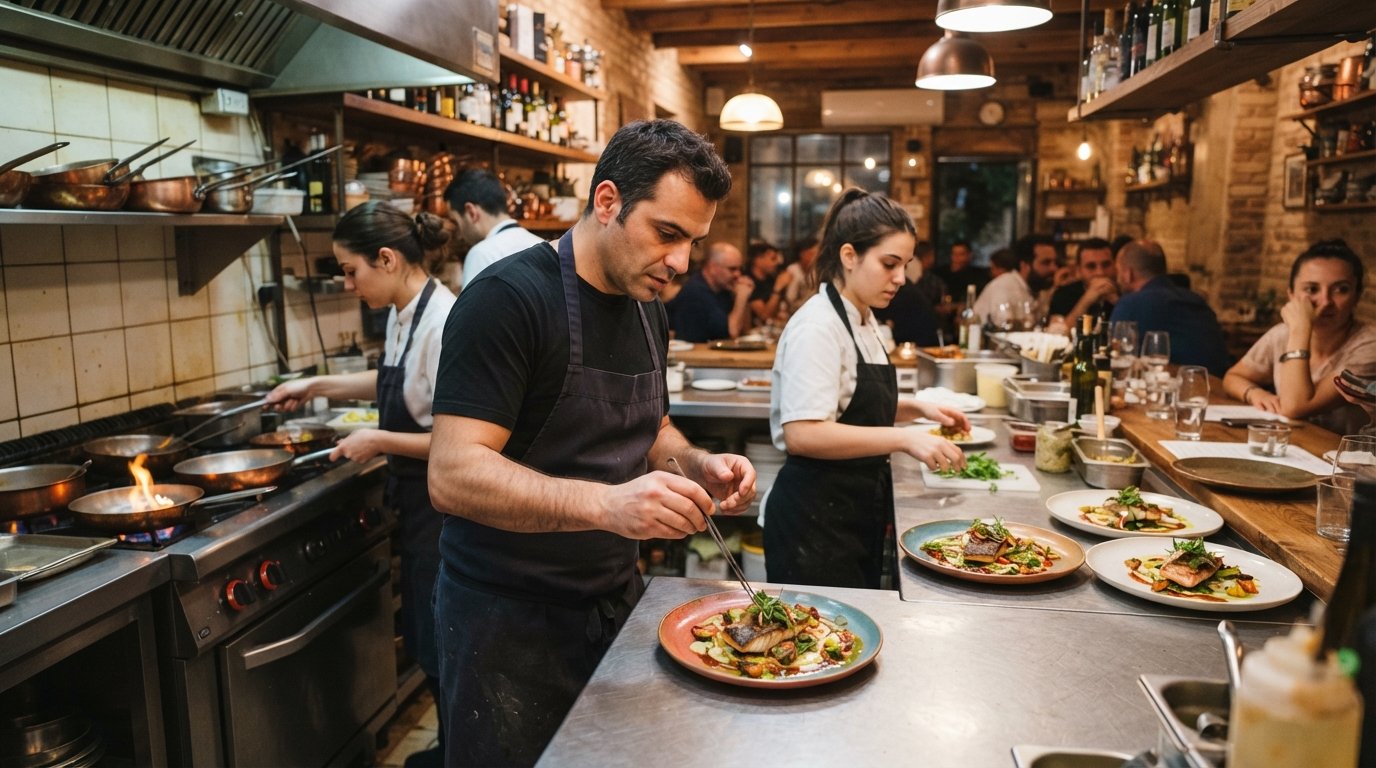 the open-kitchen dining room at Machneyuda, chefs working behind the pass while plates move through warm evening light